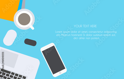 Work desk for office with stationery elements on the table. Top view with textured table, laptop, smartphone, and coffee mug