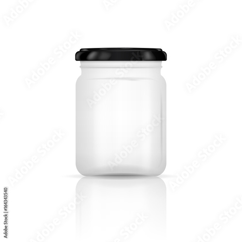 Empty transparent glass jar with screw cap. Round Shape Glass Canister isolated on white background. Vector illustration.