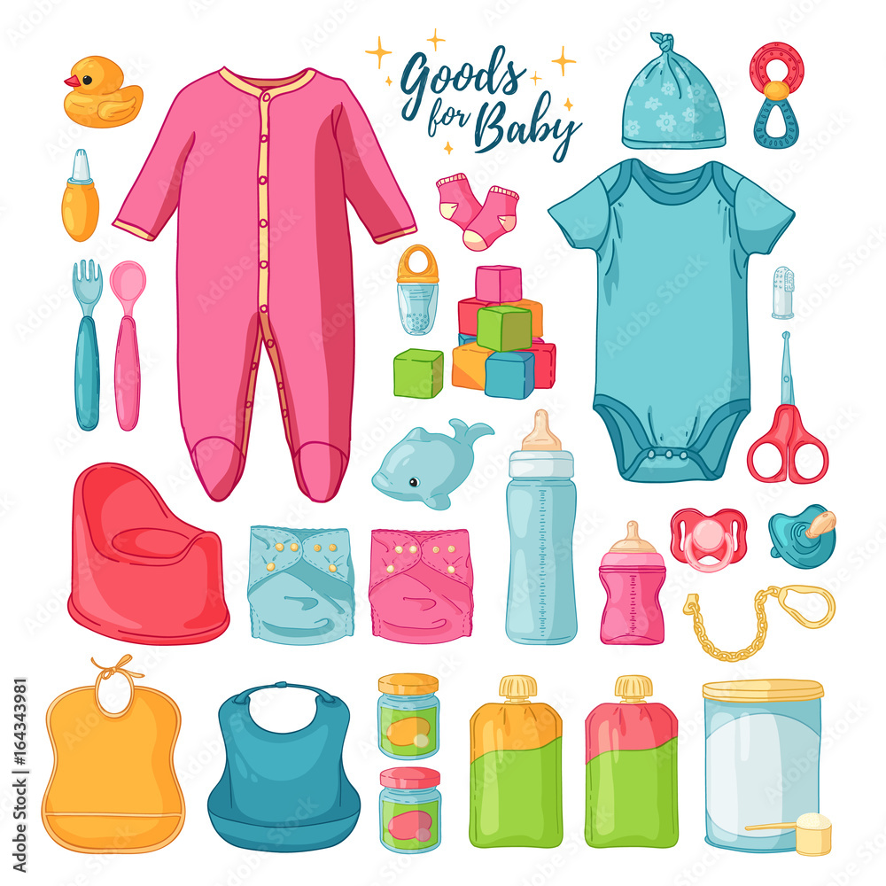Big set baby stuff. Cute set of things for childrenhood. Isolated icons of  baby goods for newborns. Clothing, toys, accessories for hygiene, food for  Infant Stock Vector