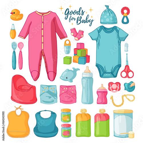 Big set baby stuff. Cute set of things for childrenhood. Isolated icons of baby goods for newborns. Clothing, toys, accessories for hygiene, food for Infant