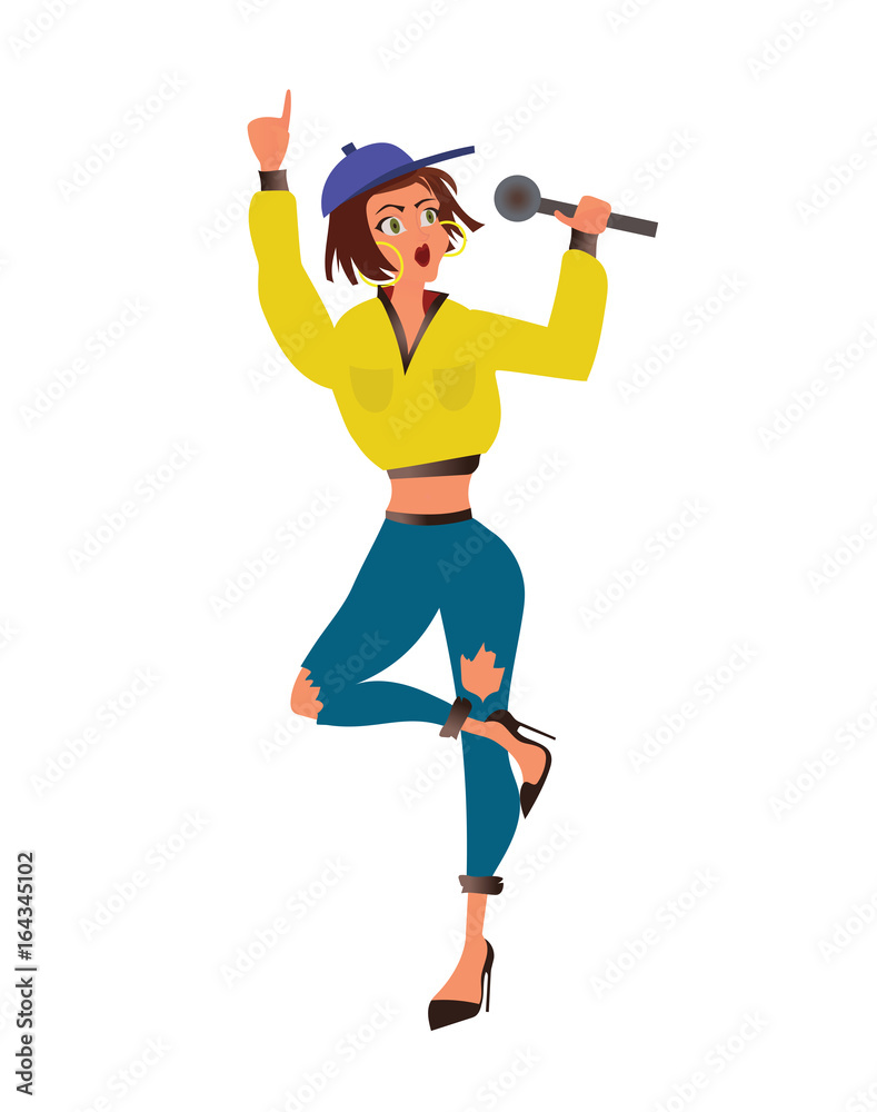Young woman singer with microphone in hand. Vector illustration, isolated on white background. Young woman singer with microphone in hand. Vector illustration, isolated on white background.