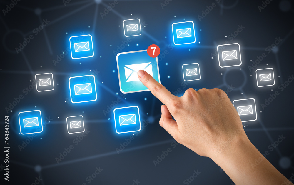 Hand touching mail icon Hand touching mail icon