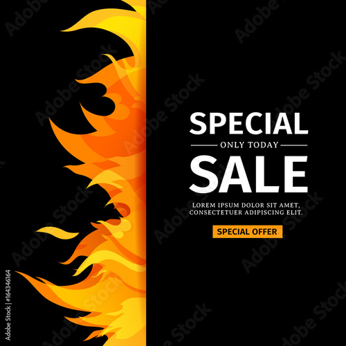 Template design vertical banner with Special sale. Card for hot offer with frame fire graphic. Invitation layout with flame border on black background. Vector.