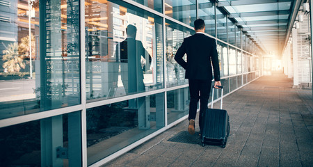 Businessman walking outside public transport building with lugga