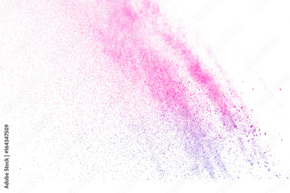 abstract pink-purple powder splatted on white background,Freeze motion of pink-purple powder exploding on white background.