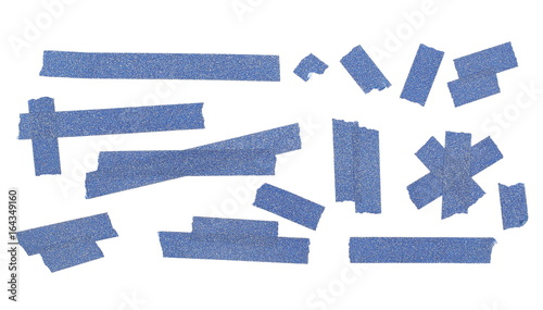Set of various blue adhesive tape pieces isolated on white