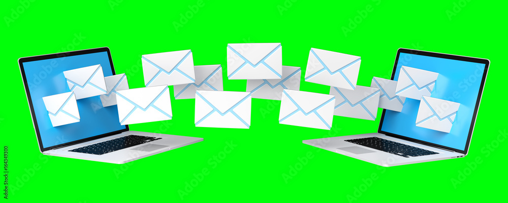 Digital e-mails flying through devices screens 3D rendering Digital e-mails flying through devices screens 3D rendering