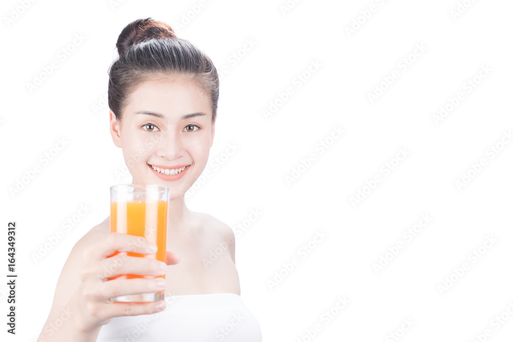 Women drink orange juice., isolated on white background. Women drink orange juice., isolated on white background.