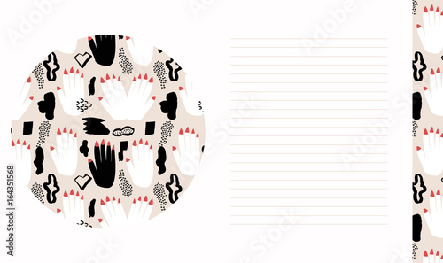Hand drawn paper note. Modern abstract design. Red nails. Black and White hands. Ivory background.