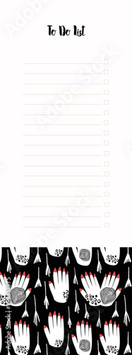 Hand drawn to do list. Modern abstract design. Red nails. White and black hands. Black background.