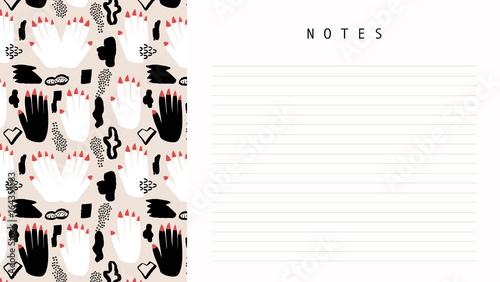 Hand drawn paper note. Modern abstract design. Red nails. Black and White hands. Ivory background.