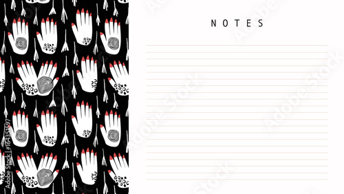 Hand drawn paper note. Modern abstract design. Red nails. White hands.Black background.