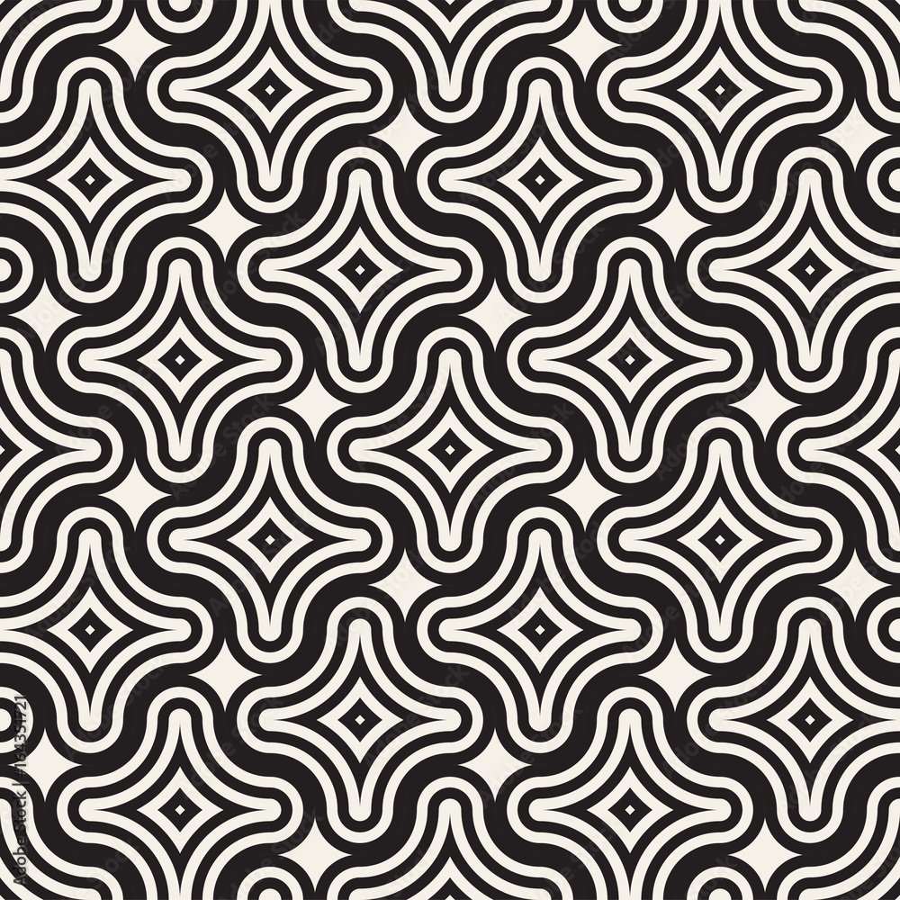 Vector Seamless Black And White Lines Pattern Abstract Background. Cross Shapes Geometric Tiling Ornament.