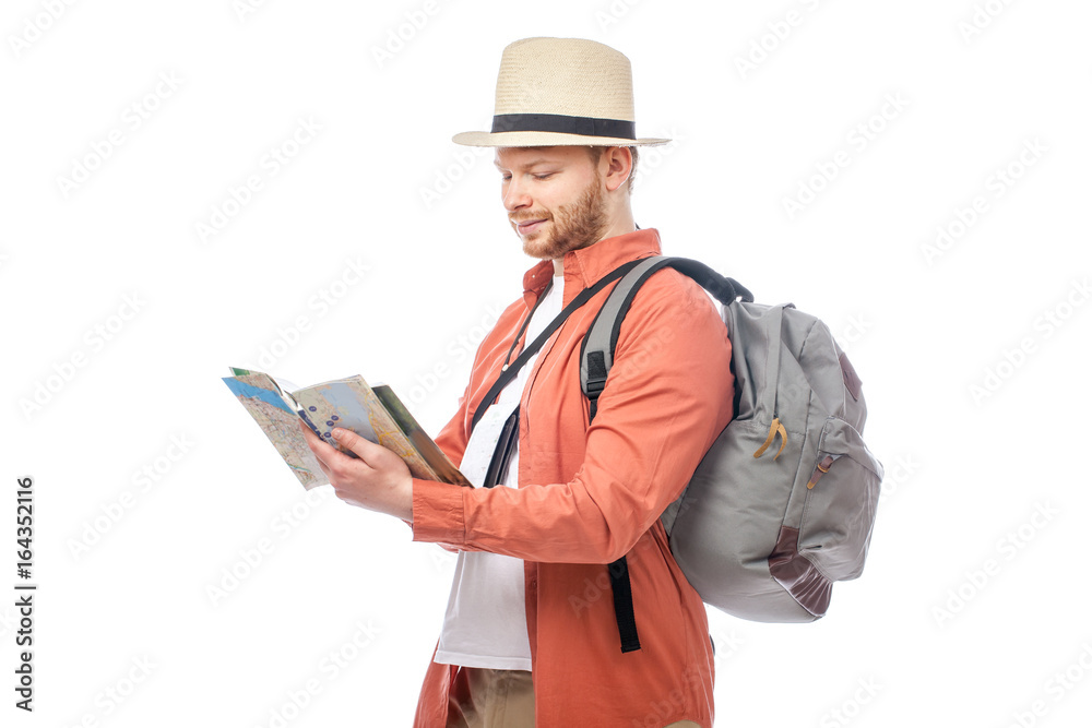 attractive tourist man smiling on white background attractive tourist man smiling on white background