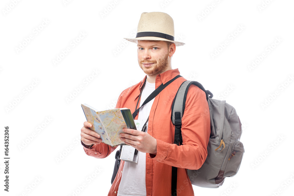 attractive tourist man smiling on white background attractive tourist man smiling on white background