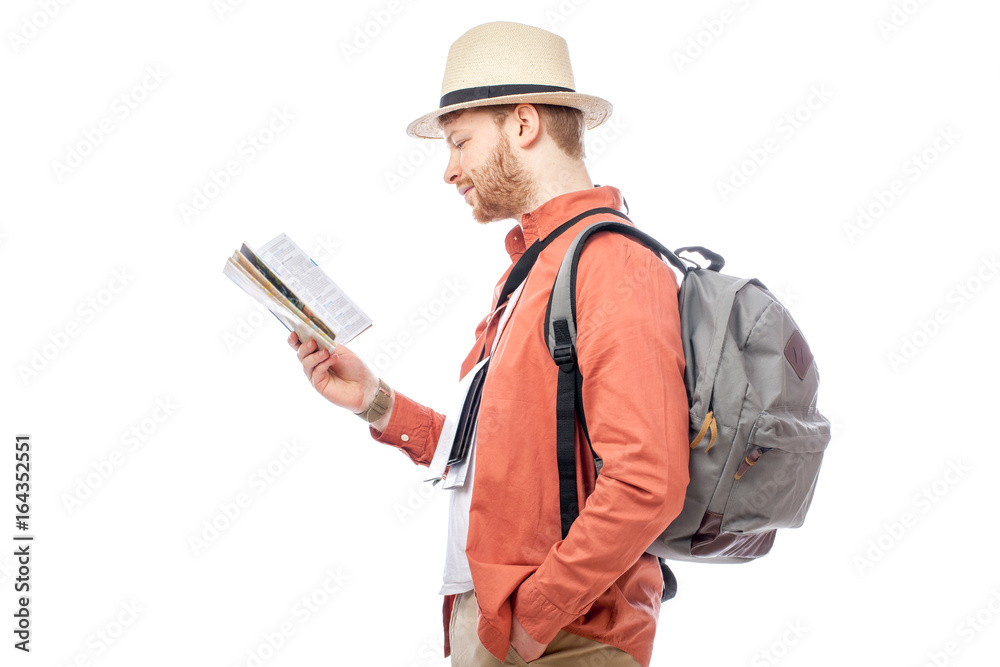 attractive tourist man smiling on white background attractive tourist man smiling on white background