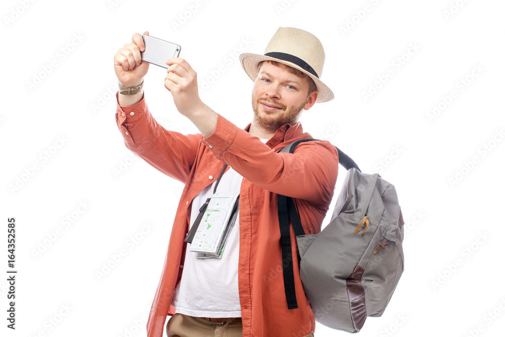 attractive tourist man smiling on white background attractive tourist man smiling on white background