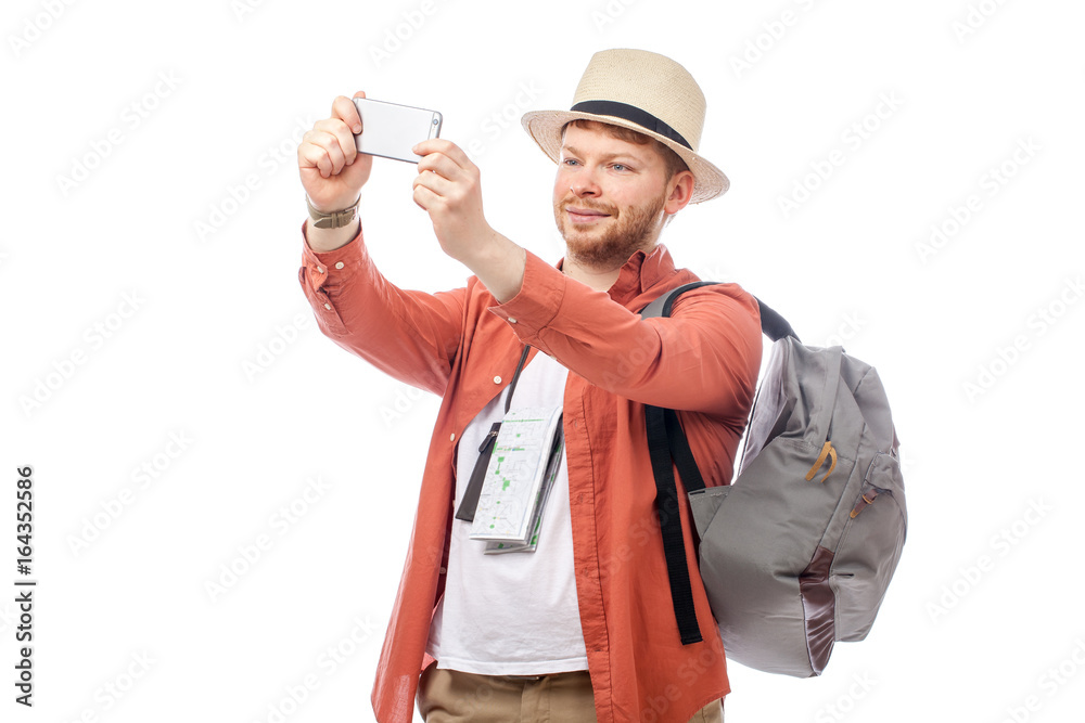 attractive tourist man smiling on white background attractive tourist man smiling on white background