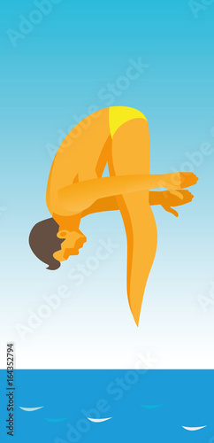 A young man is a professional diver in the water with a 10 meter platform