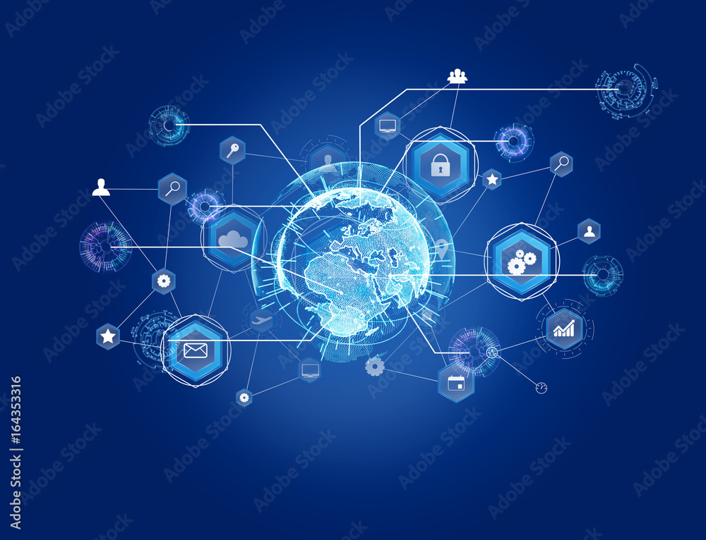 Naklejka premium International business network connection displayed on a futuristic interface with technology icon and sphere globe - Worldwide business concept