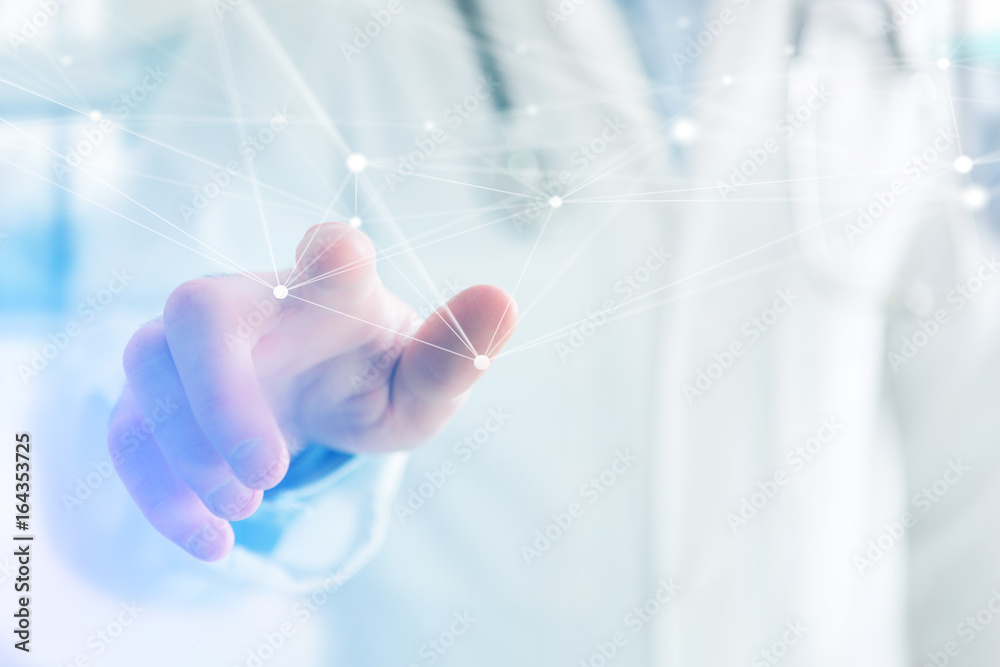 Hand of a doctor touchnig an operating system screen and network connection Hand of a doctor touchnig an operating system screen and network connection