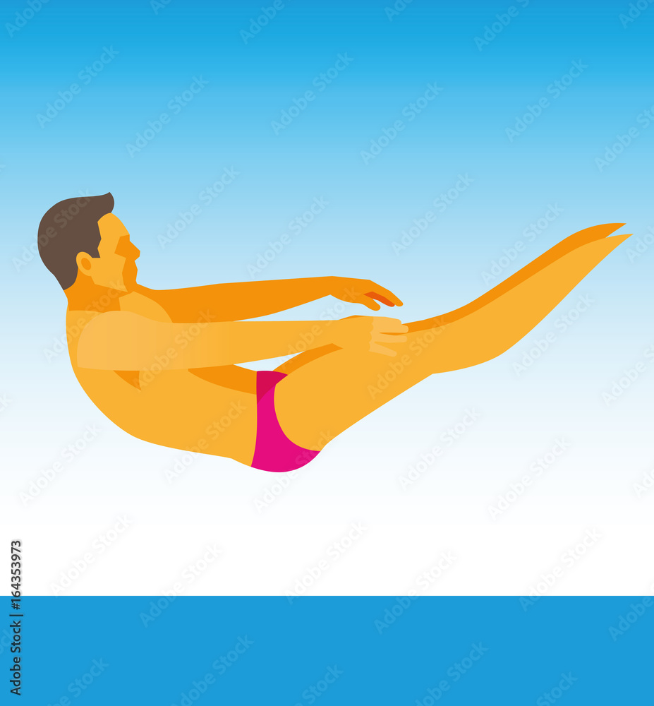 A young man is a jumper in the water from the springboard, which performs his jump