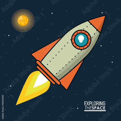 colorful poster exploring the space with spaceship and sun