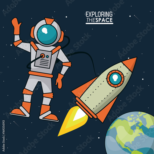 colorful poster exploring the space with astronaut and spaceship and planet earth in the background