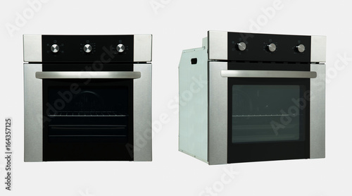 a modern kitchen oven in two positions on a white background