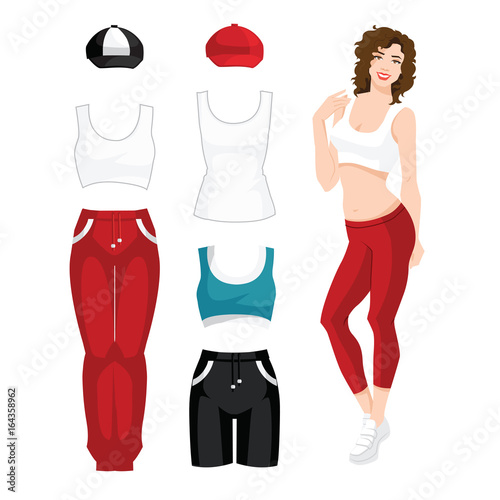 Vector illustration of curly girls in clothes for sport and fitness isolated on white background