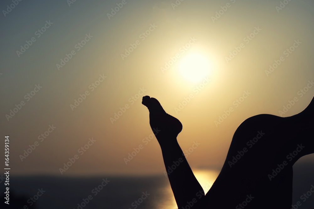 Silhouette of nude girl on sunset background