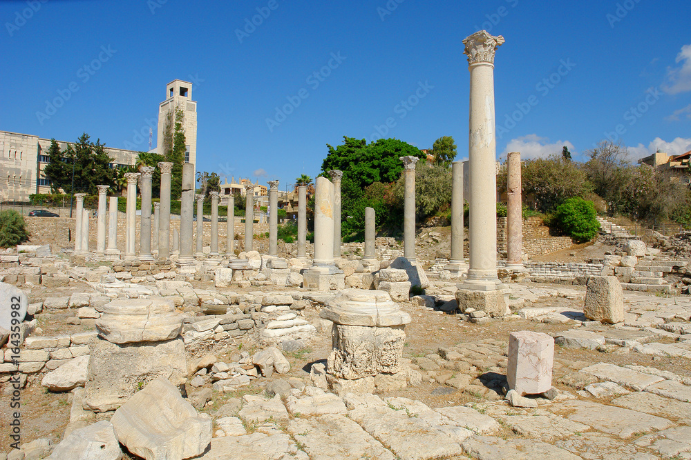 Remains of ancient columns at Al Mina excavation site in Tyre, Lebanon