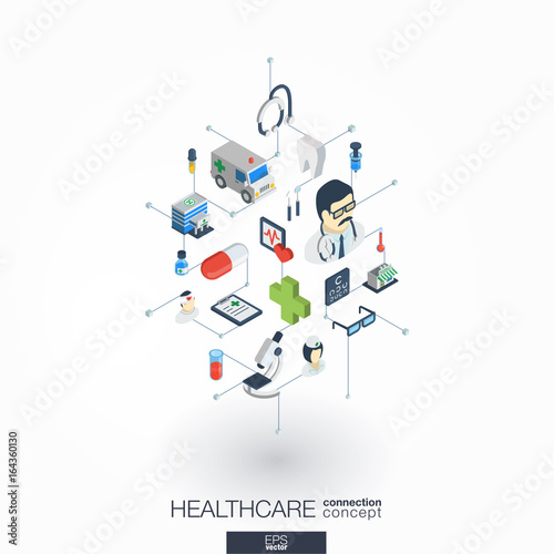Healthcare, integrated 3d web icons. Digital network isometric interact concept. Connected graphic design dot and line system. Abstract background for medicine and medical service. Vector on white.