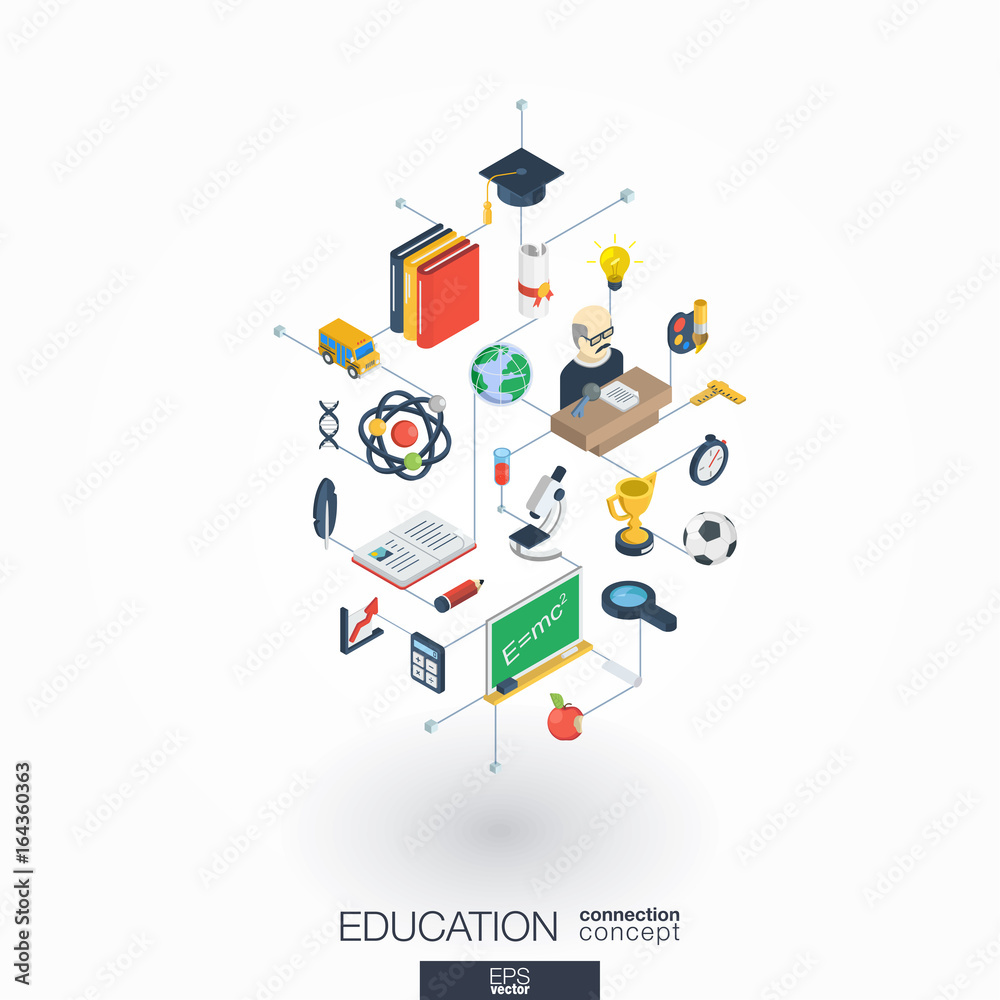Education integrated 3d web icons. Digital network isometric interact concept. Connected graphic design dot and line system. Abstract background for elearning, graduation and school. Vector on white. Education integrated 3d web icons. Digital network isometric interact concept. Connected graphic design dot and line system. Abstract background for elearning, graduation and school. Vector on white.