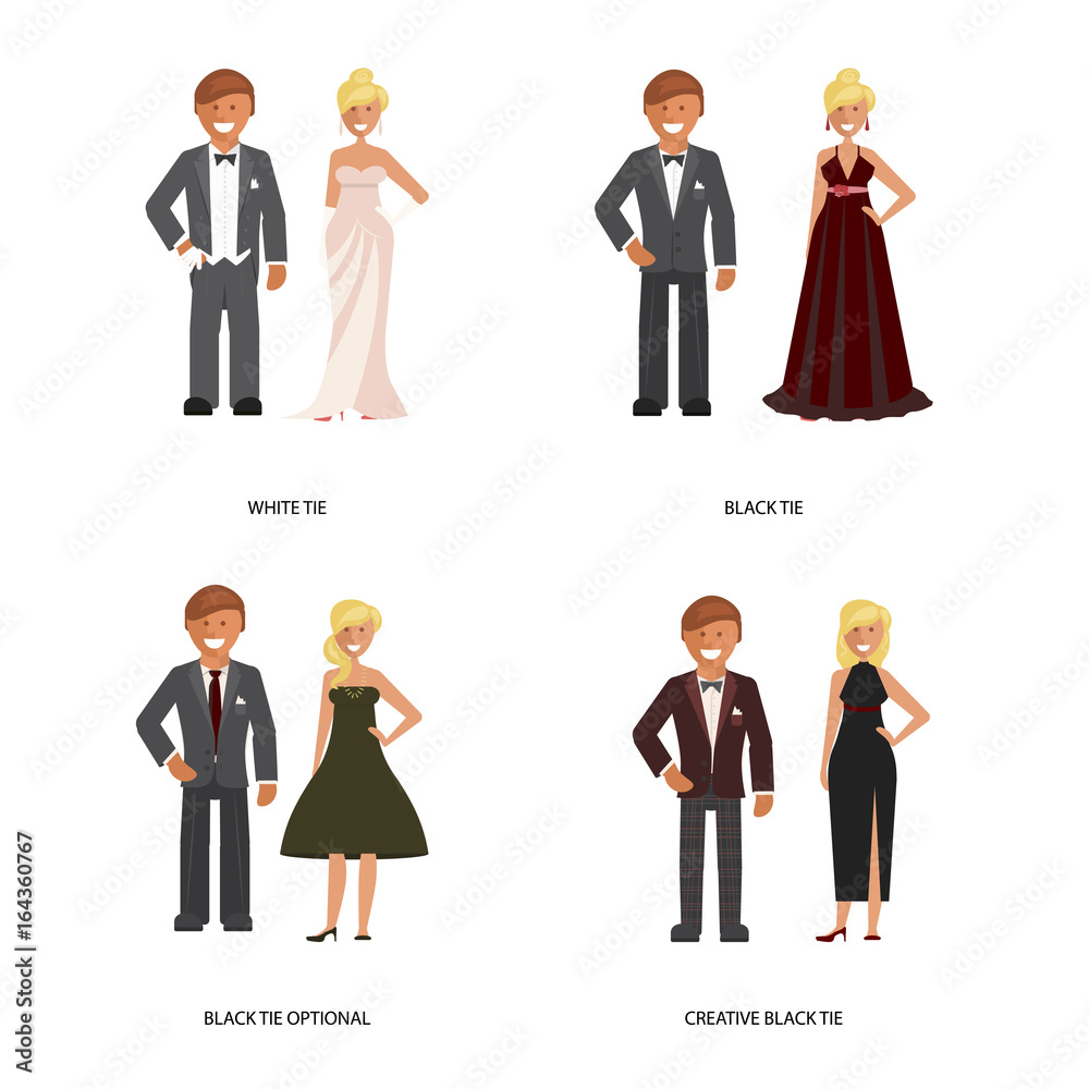 Black and white tie dress code. Man and woman in smart casual style suits  isolated on white background. Vector illustration of people in formal  clothes. Stock Vector | Adobe Stock