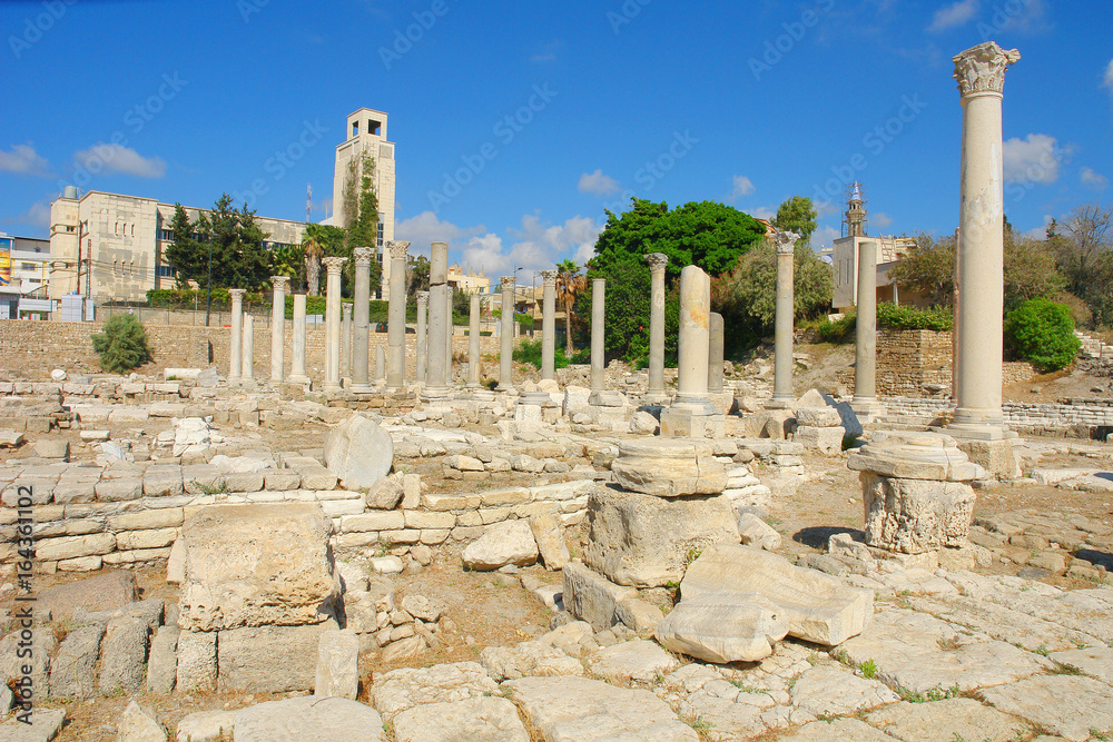 Remains of ancient columns at Al Mina excavation site in Tyre, Lebanon
