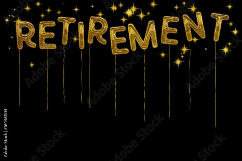 Gold foil retirement party style balloons. Dramatic black backgr