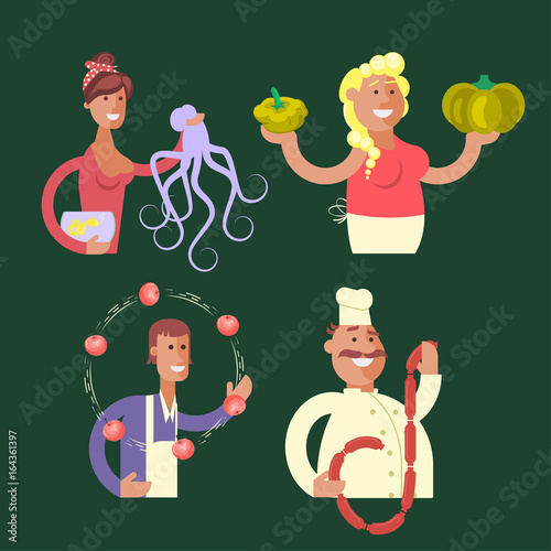 Set of stickers Cartoon character sellers men and women with fish, fruit, vegetable and meat shop. Vector illustration