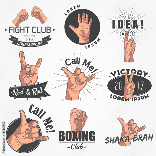 A set of 9 realistic emblems, logo. Gestures of arms, fight club, call me, idea, shaka, rock and roll. Typographic labels, stickers, logos and badges.