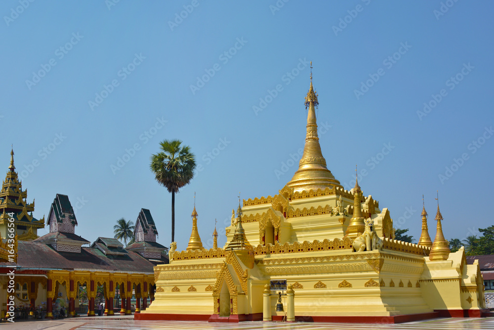 Beautiful golden pagoda in Shwe Sar Yan Buddhist complex in Thaton,  Myanmar (Burma).