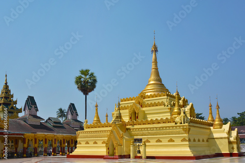 Beautiful golden pagoda in Shwe Sar Yan Buddhist complex in Thaton   Myanmar  Burma .