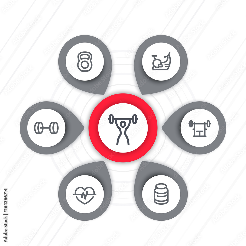 Fitness line icons set, fit and active lifestyle, gym, workout and training Fitness line icons set, fit and active lifestyle, gym, workout and training