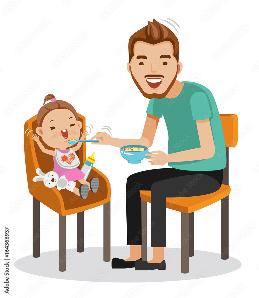 Baby Eating Father is feeding Little daughter. baby sitting in the highchair. vector graphics creative and versatile to use as illustrations for print, web, interactive,Isolated on white background Baby Eating Father is feeding Little daughter. baby sitting in the highchair. vector graphics creative and versatile to use as illustrations for print, web, interactive,Isolated on white background