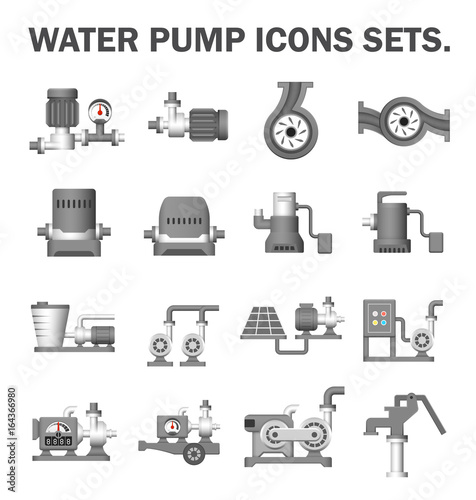 Water pump station icon. Consist of centrifugal, submersible and well pump. Powered by engine, hand and electric motor with solar energy. For water supply infrastructure, plumbing and irrigation. photo