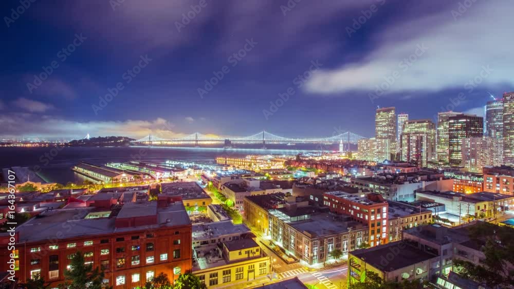 Time Lapse - Panoramic Night View of Downtown San Francisco With Bay Bridge - 4K Time Lapse - Panoramic Night View of Downtown San Francisco With Bay Bridge - 4K