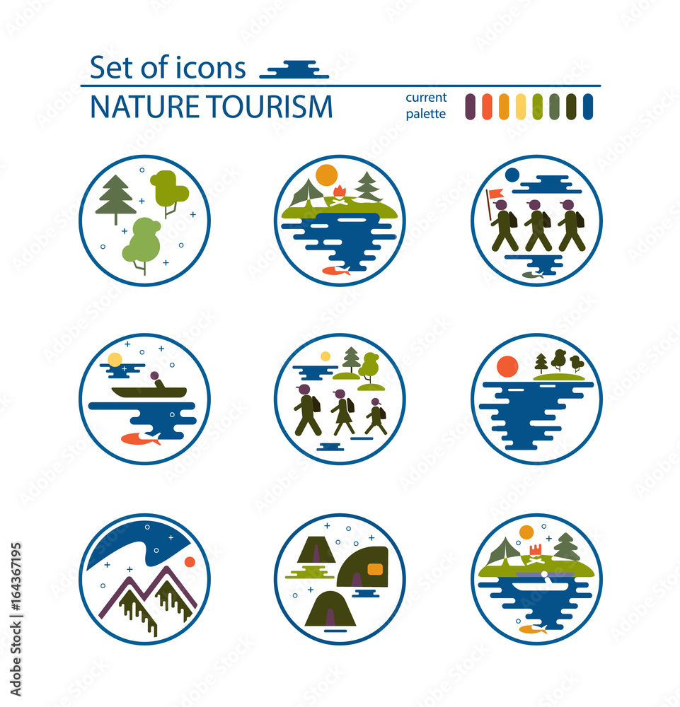Vectorial clip art style flat design.Fisherman in a boat, types of nature: mountains, forest, meadow, coniferous forest, field, sea, lake. Group of tourists, camping, tents, fire. Vector image