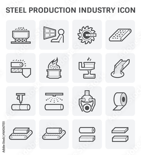 Steel production industry, manufacturing and metallurgy vector icon with mining and machine equipment i.e. production line, furnace, foundry. Include process of smelting, casting and making product.