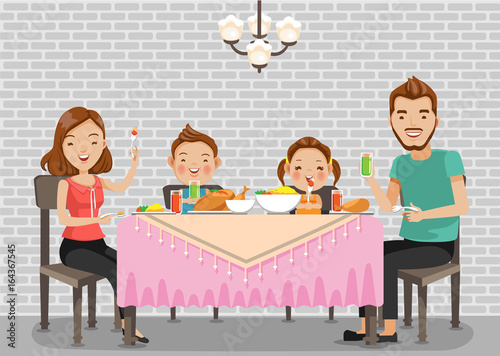 Family meal.Father, mother,son and daughter together happily sit at the table and have dinner.Standard vector graphics creative for you to use as illustrations. Cartoon for print.Isolated  background