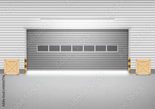 Roller door or roller shutter. Also called security door or security shutter. For protect residential, commercial and industrial building i.e. house, factory, warehouse, hangar. Vector illustration.