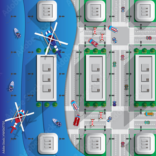 Flooding in the city. View from above. Vector illustration.